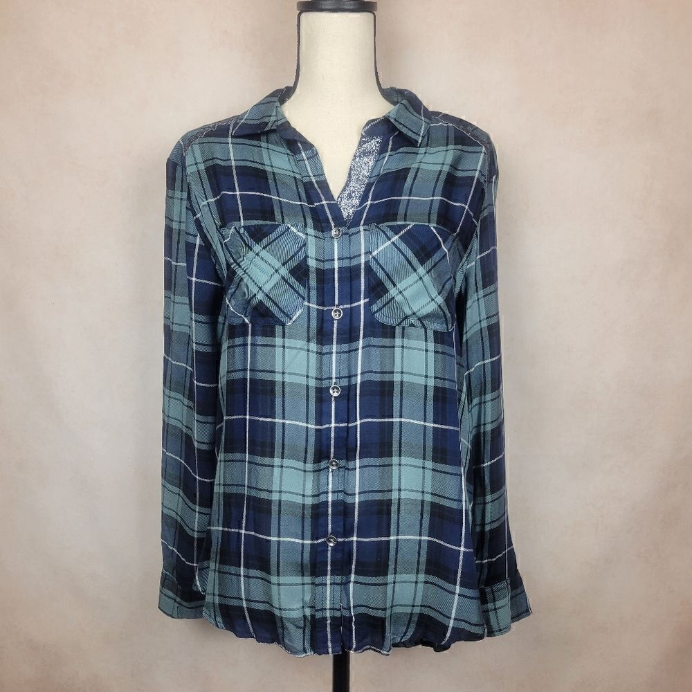 Rock and Republic Green Blue Long Sleeve Button Down Shirt Glitter Details  Med